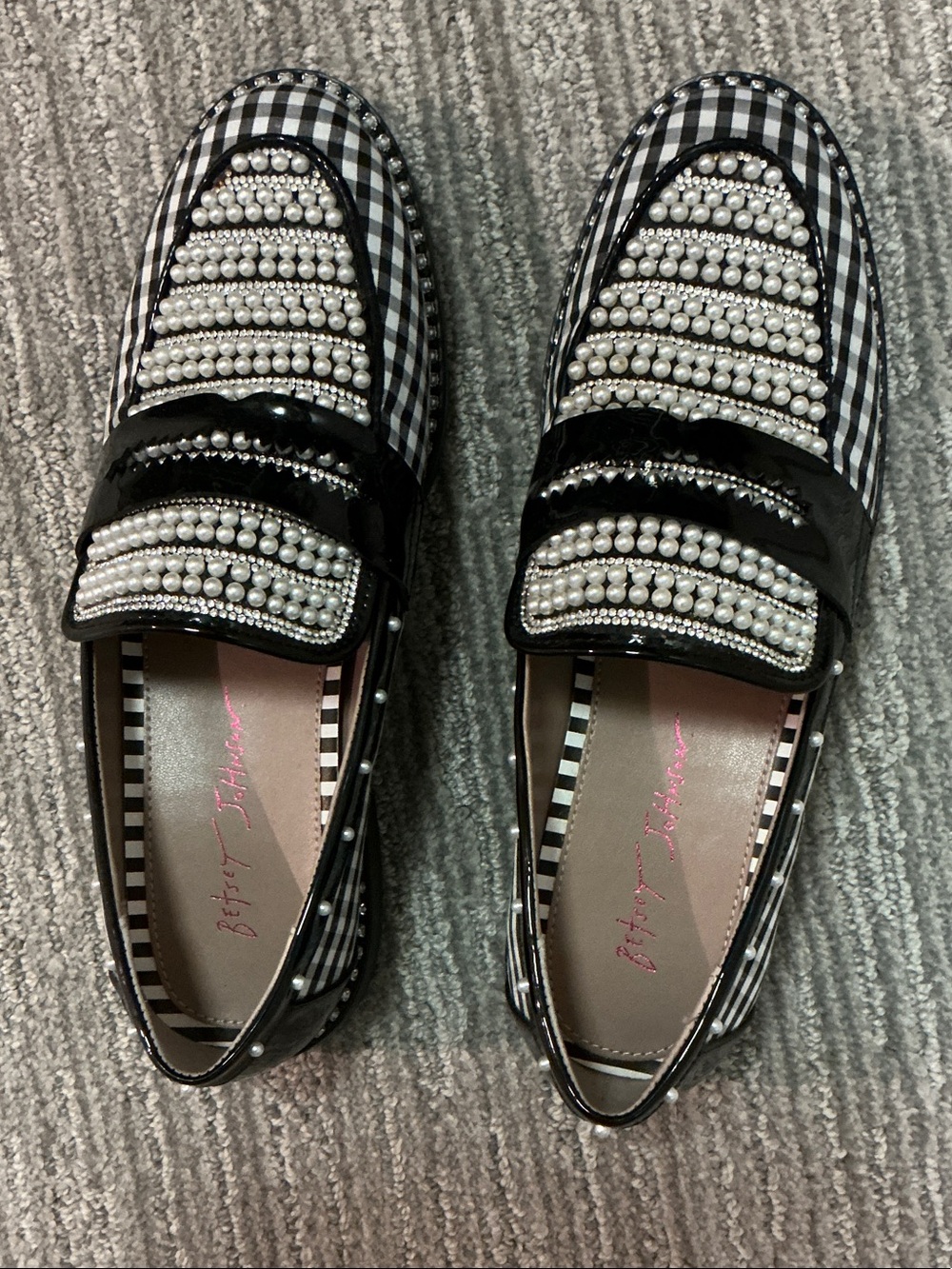 Betsey Johnson Black & White Gingham Pearl-Embellished Loafers